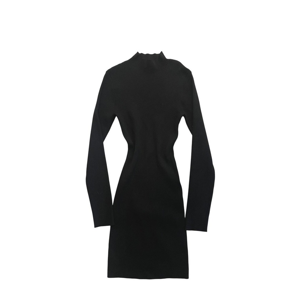 Minimalist Black Ribbed Mock Neck Dress Long Sleeve Mini Bodycon Size 8